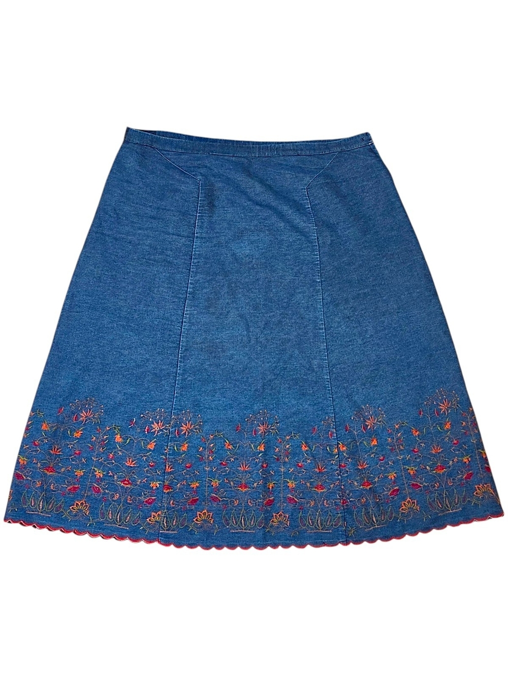 Vtg Embroidered Denim A-Line Midi Skirt Scalloped Hem Floral Boho Cottagecore XL